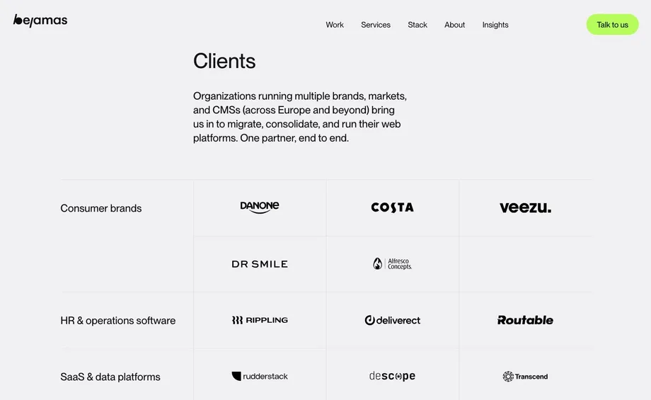 The clients page on bejamas.com
