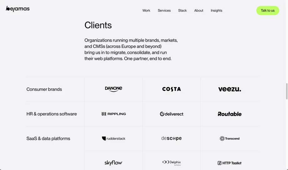 The clients page on bejamas.com