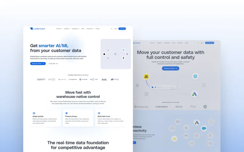 RudderStack's customer data platform homepage, a Bejamas case study