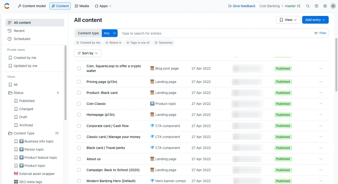 Contentful Coin Banking demo showing the content list and publishing statuses.