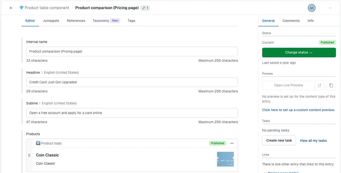 Contentful documentation example showing headline, subline and linked content fields.