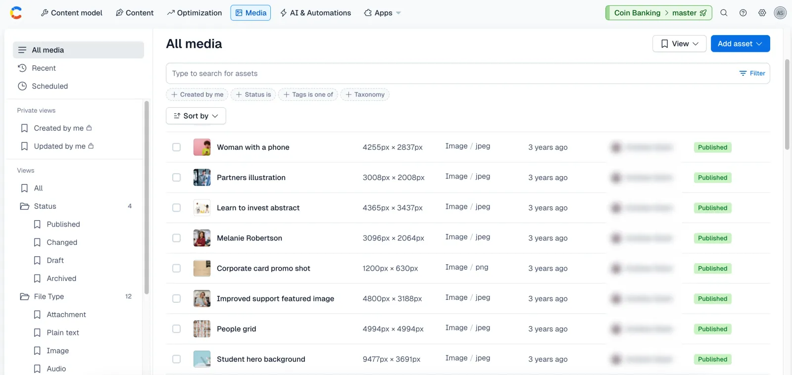 Contentful documentation example showing media files, thumbnails and statuses.