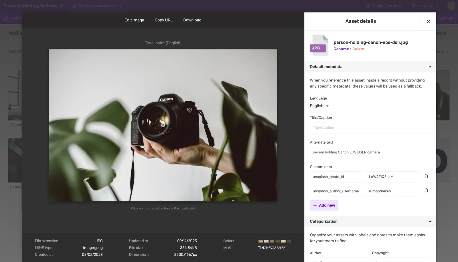 DatoCMS marketing demo showing image alternative text and metadata fields.
