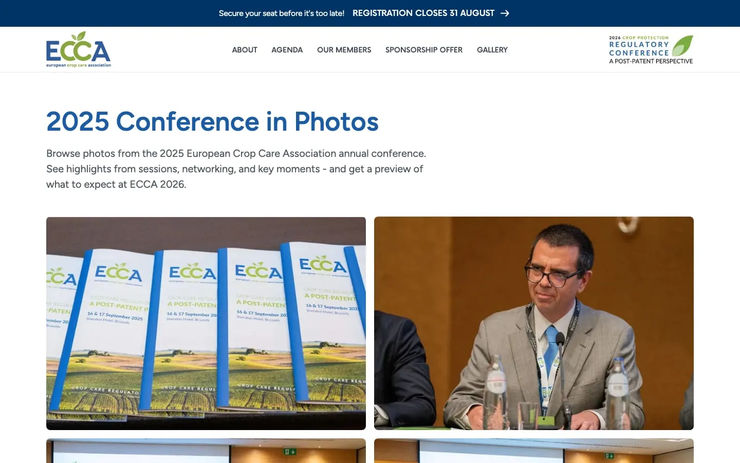 ECCA conference platform gallery page, showing a grid of photos from the 2025 conference.