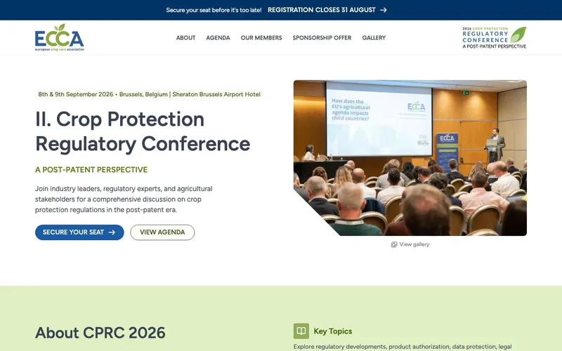ECCA conference platform homepage, showing the Crop Protection Regulatory Conference hero section with event dates and a photo from a past session.