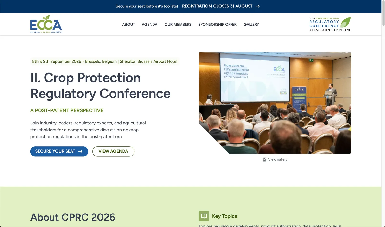 ECCA conference platform homepage, showing the Crop Protection Regulatory Conference hero section with event dates and a photo from a past session.