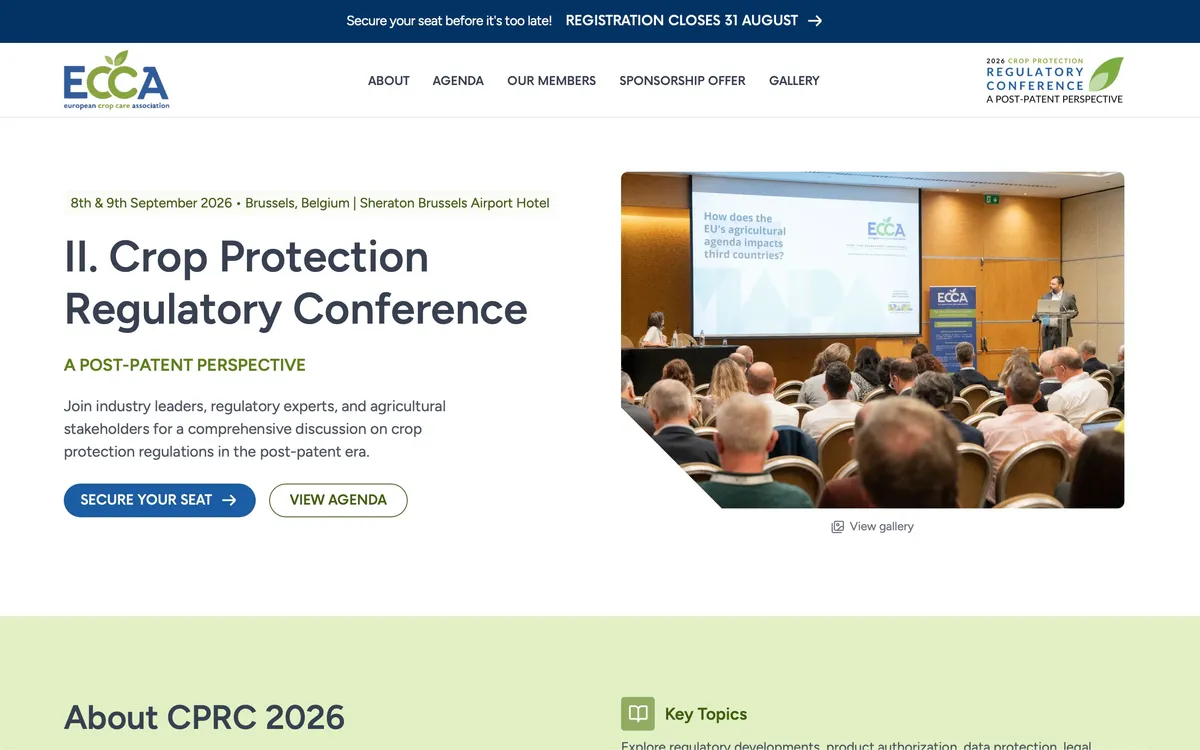 ECCA conference platform homepage, showing the Crop Protection Regulatory Conference hero section with event dates and a photo from a past session.