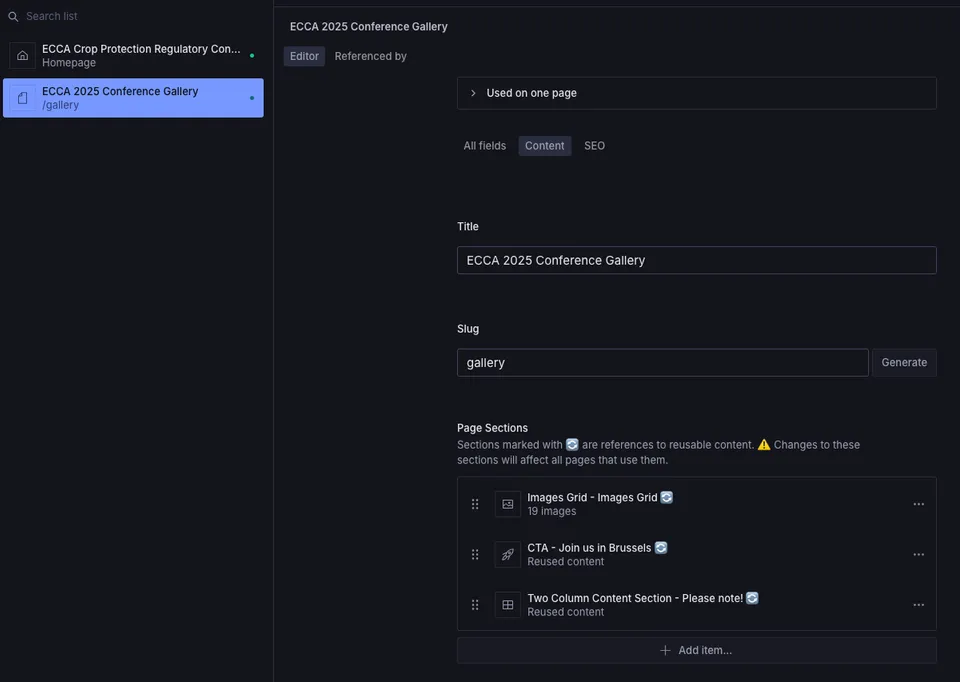 Sanity Studio's page-sections editor for an ECCA page, showing reusable content blocks - an images grid, a CTA, and a two-column section - each flagged where a change affects every page reusing it.