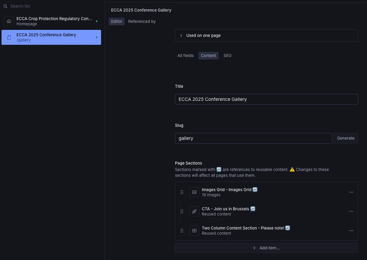 Sanity Studio's page-sections editor for an ECCA page, showing reusable content blocks - an images grid, a CTA, and a two-column section - each flagged where a change affects every page reusing it.