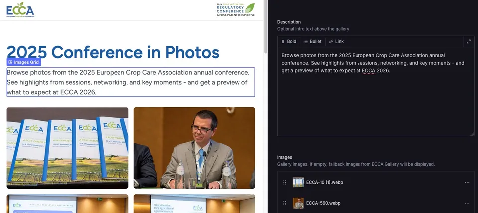 Sanity Studio's Visual Editing view for the ECCA conference gallery page, showing the live page preview next to the editable description and image-list fields that produce it.