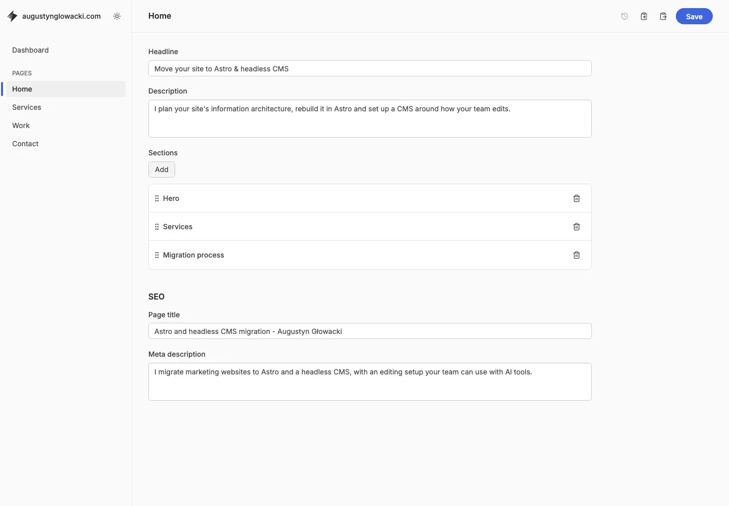 My Keystatic demo showing the Home page headline, description, sections and SEO fields.
