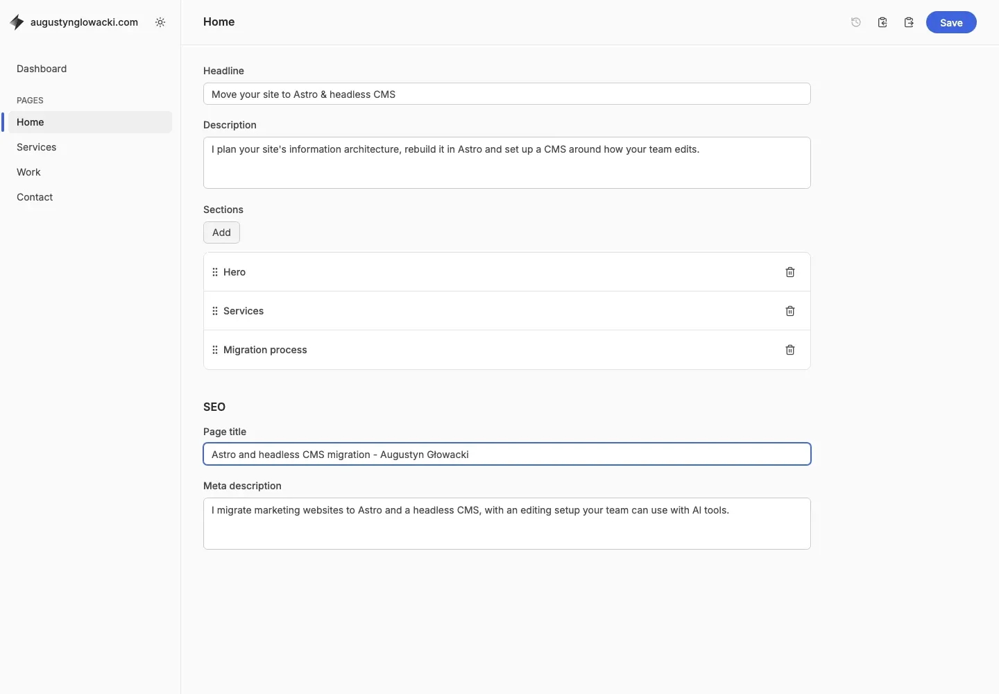 My Keystatic demo showing the page title and meta description fields.