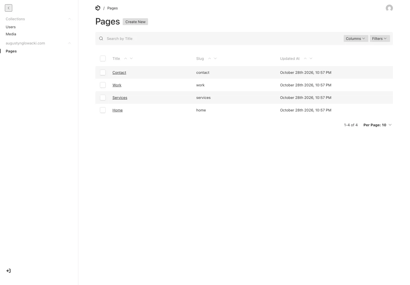 My Payload demo page list showing Home, Services, Work and Contact.