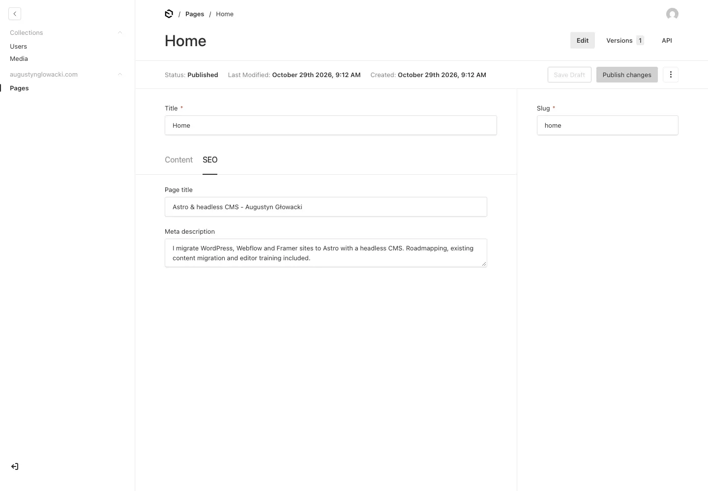 My Payload demo showing the page title and meta description fields.