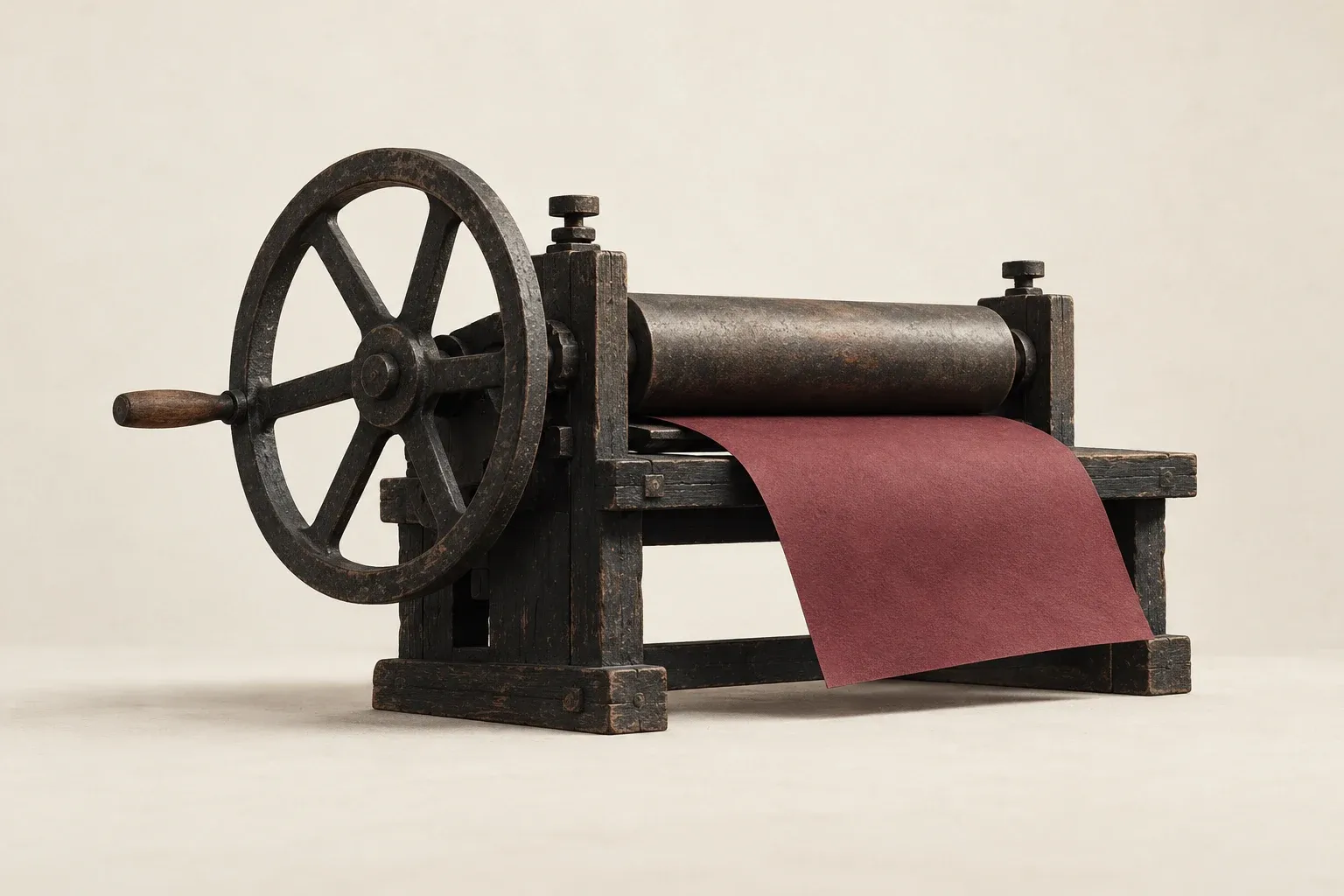 A working old printing press producing a fresh sheet.