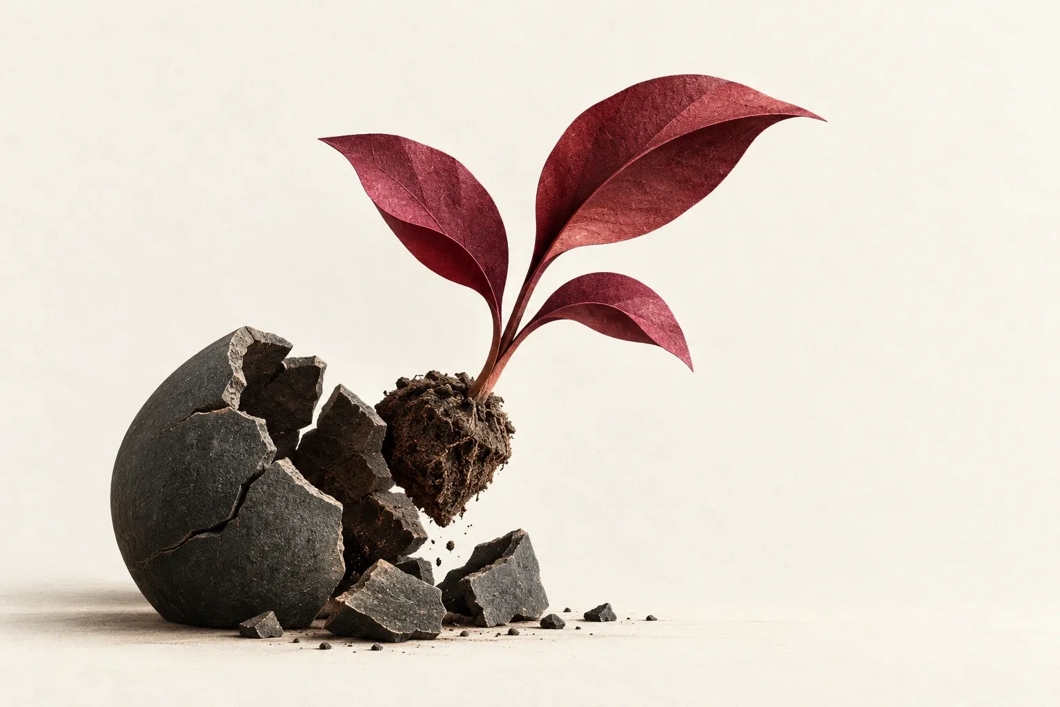 A burgundy plant lifted intact from a cracked heavy pot.