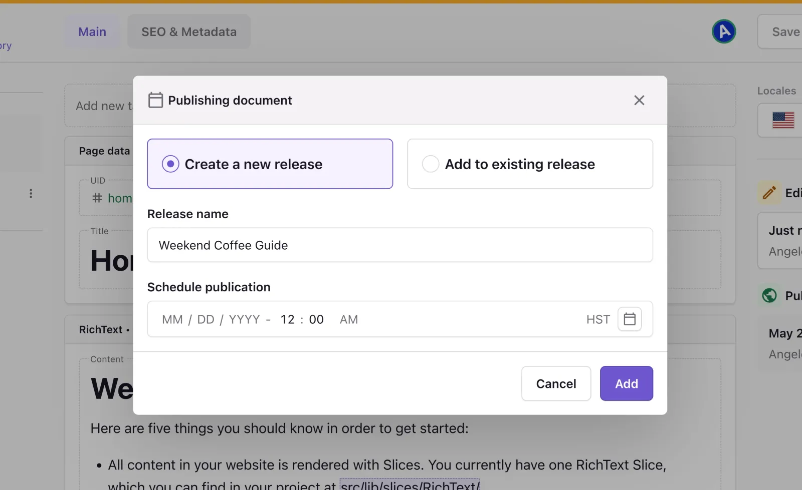 Prismic documentation example with release name and publication scheduling controls.