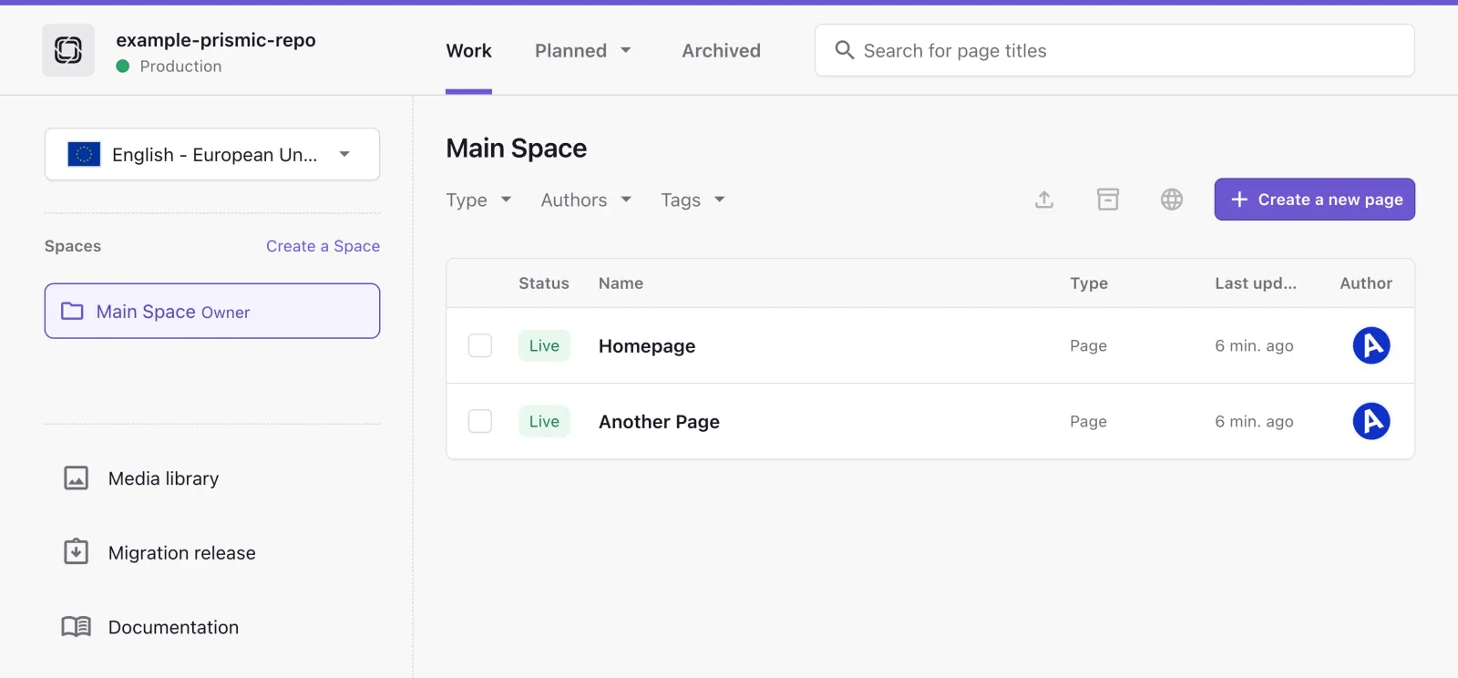 Prismic example repository showing Homepage and Another Page with their publishing status.