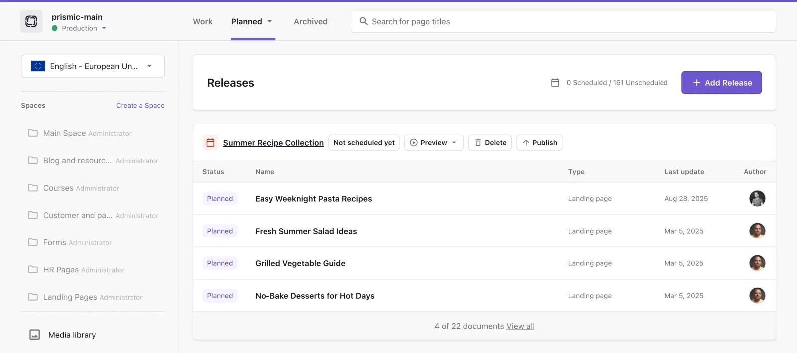 Prismic documentation example with recipe pages grouped into a release.