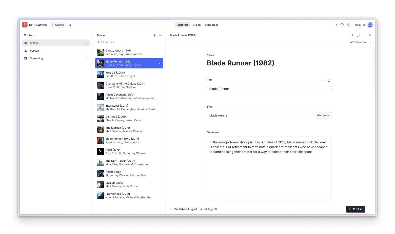 Sanity movie demo with a document list beside the title, slug and overview fields.