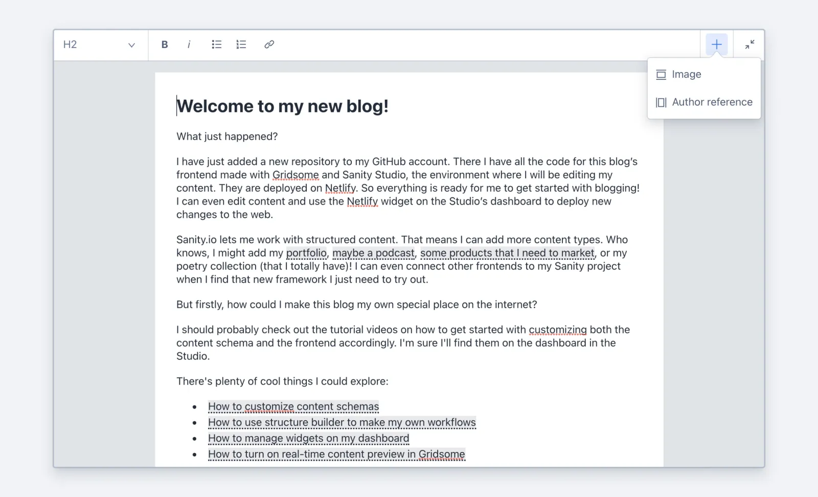 Sanity rich-text editor showing headings, formatted paragraphs and an insert menu.
