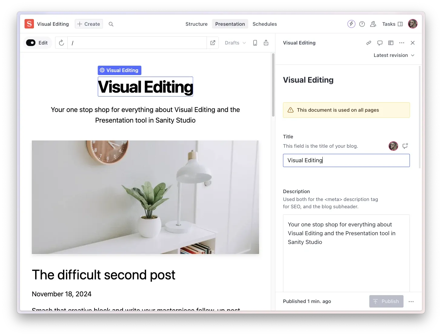 Sanity documentation demo with a page preview beside title and description fields.
