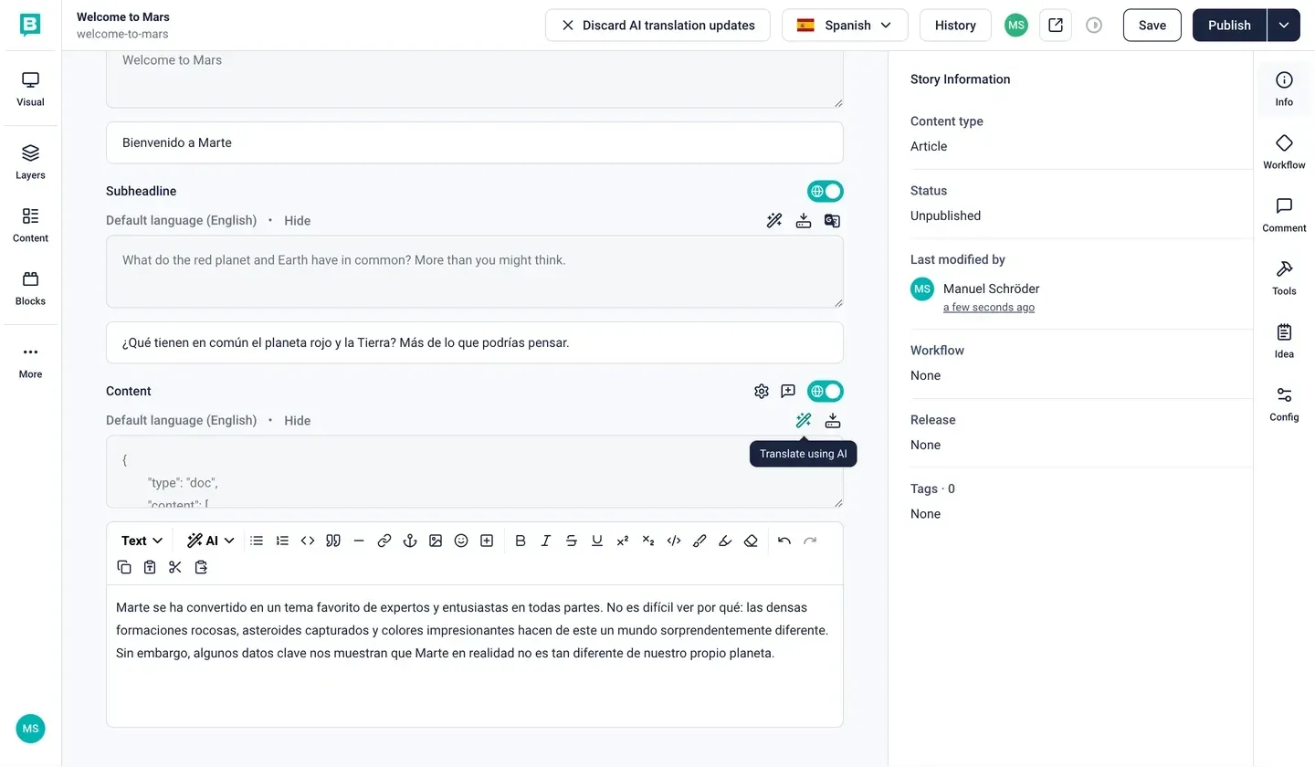 Storyblok documentation example with original and translated article fields.
