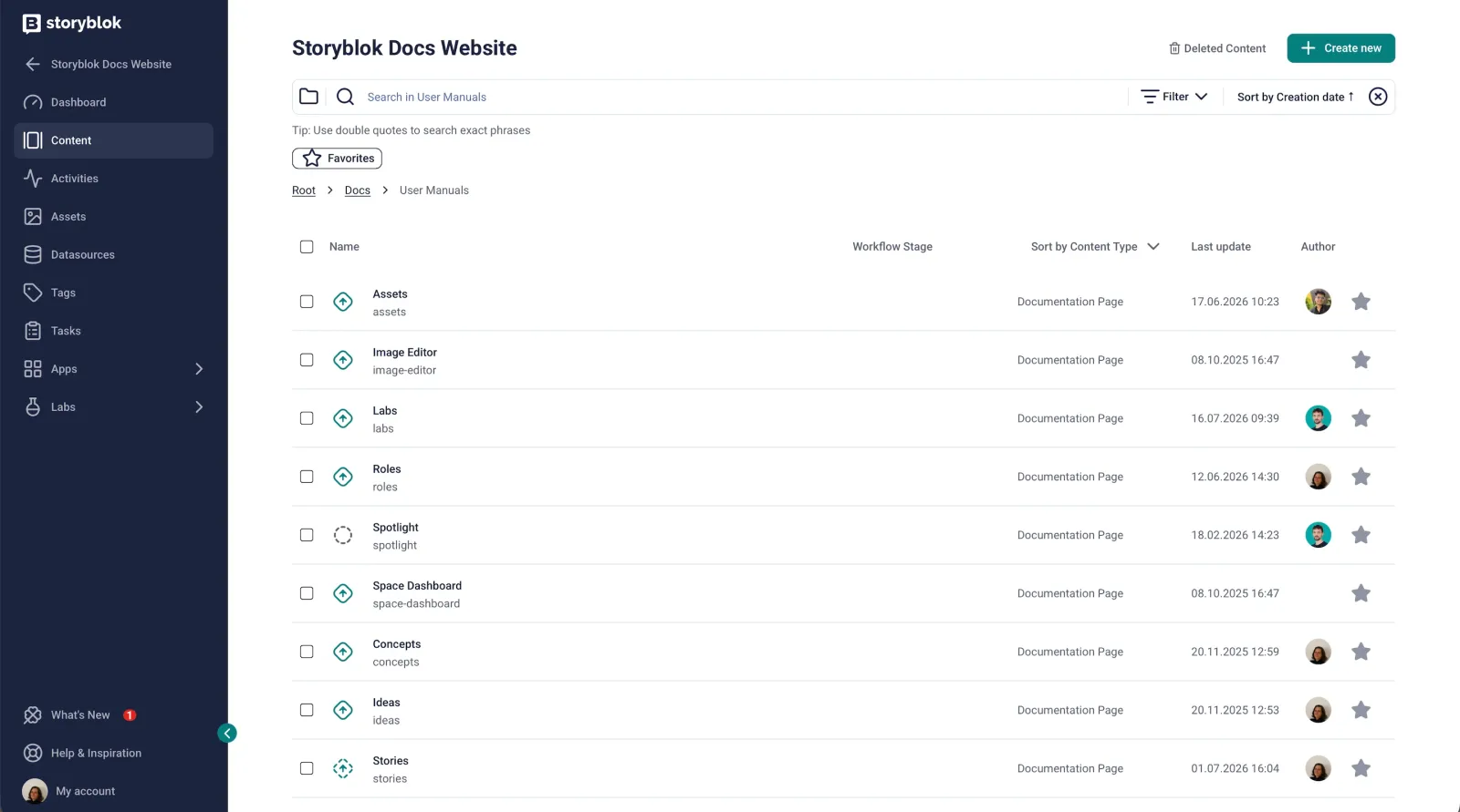 Storyblok Docs Website example showing content entries and publishing statuses.
