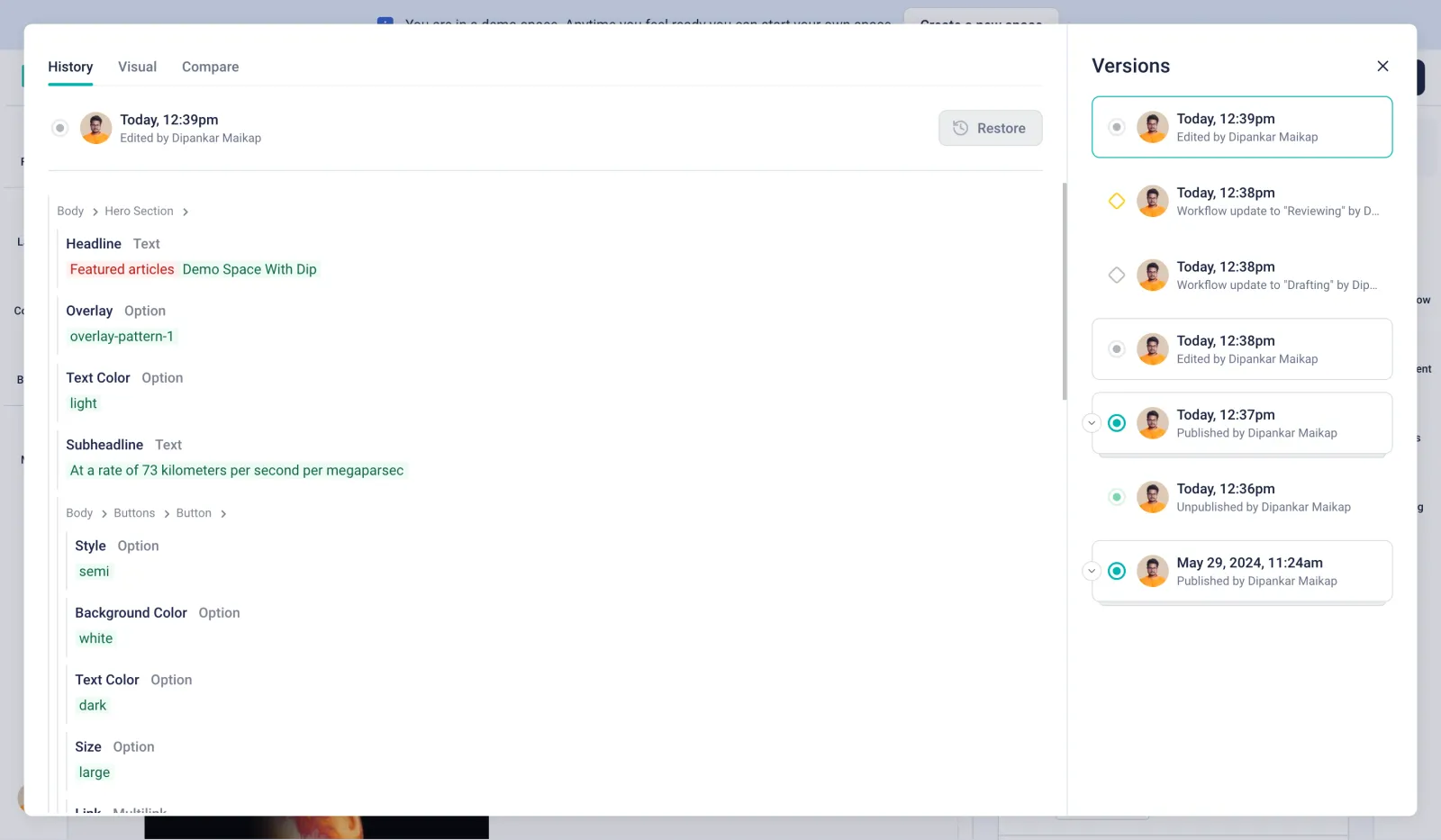 Storyblok documentation example showing changed field values and saved versions.